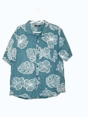 Men's Hawaiian Shirt Green Floral Button Up Large Tropical Camp Shirt
